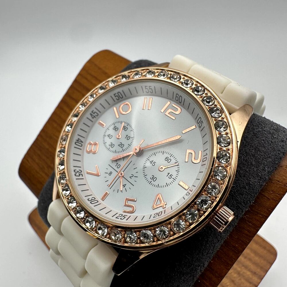 Darice Women's White Silicone Rhinestone Rose Gold Quartz Watch